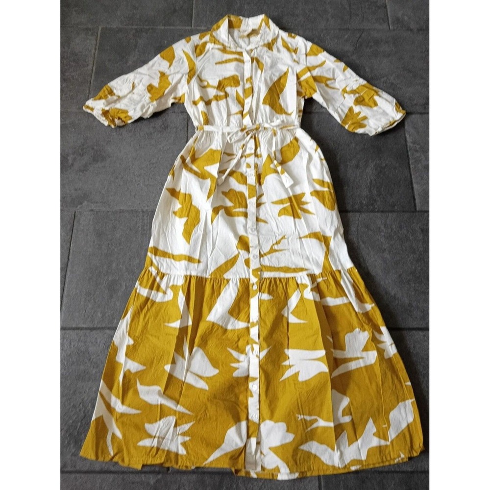 Boho Resortwear 100% Cotton Mustard Yellow White Abstract Maxi Shirtdress S - Picture 10 of 10